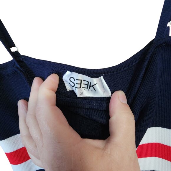 Body Con Striped Mini Dress With Spaghetti Straps Navy/Red/White Womens S By See - Picture 3 of 3